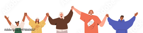 Happy people group holding hands together, arms up. Smiling family, adults an...