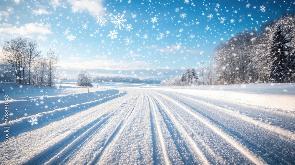 Delicate snowflakes swirl over a serene snowy road under a bright blue sky, embodying the beauty and calm of a winter day. Delicate snowflakes swirl over a serene snowy road under a bright blue sky, embodying the beauty and calm of a winter day.