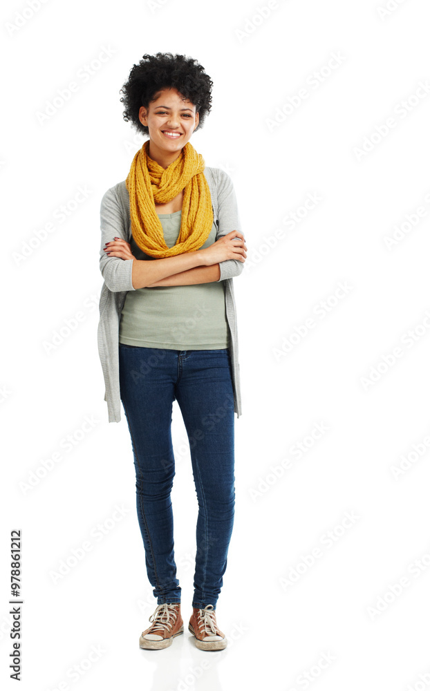Fototapeta premium Fashion, smile and portrait of woman in studio for casual outfit, confidence and trendy clothes. Female person, happy and relax with arms crossed for style, satisfaction and pride on white background