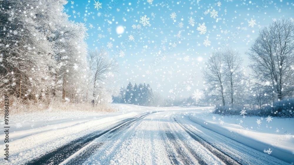 Delicate snowflakes swirl over a serene snowy road under a bright blue sky, embodying the beauty and calm of a winter day. Delicate snowflakes swirl over a serene snowy road under a bright blue sky, embodying the beauty and calm of a winter day.