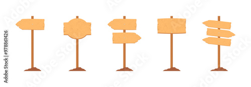 Wooden direction sign set icons. Flat style. Vector icons.