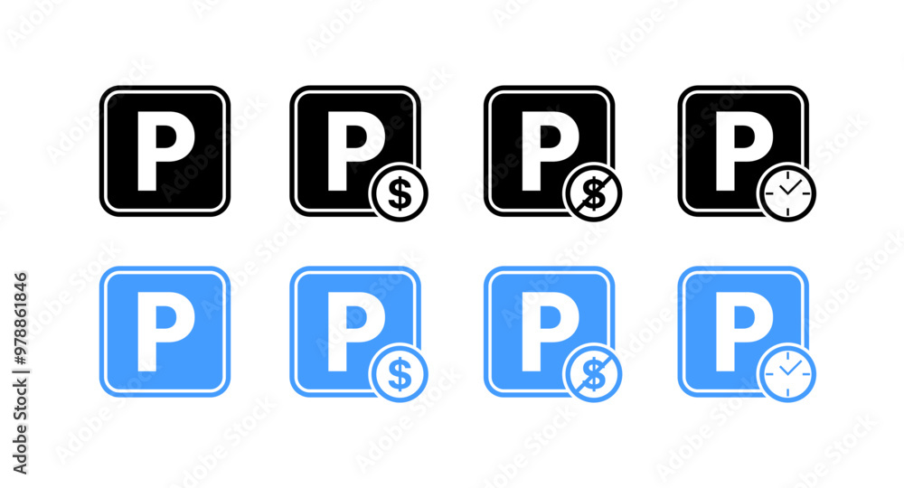 Parking sign set icons. Flat and silhouette style. Vector icons. Parking sign set icons. Flat and silhouette style. Vector icons.
