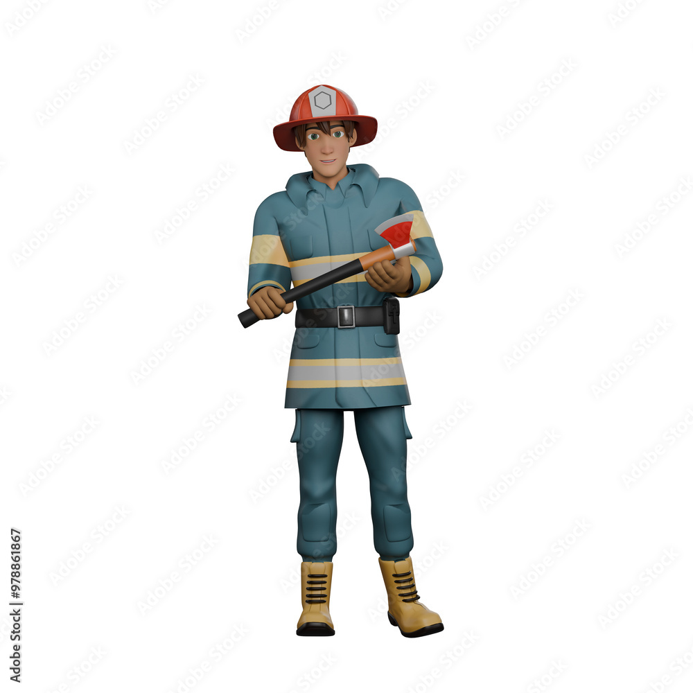 3D Cartoon Fire Department. A firefighter stands with both hands holding the fire extinguisher. Heroic Actions 3D Cartoon Fire Department. A firefighter stands with both hands holding the fire extinguisher. Heroic Actions