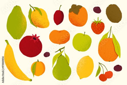 Flat fruits. Cartoon colorful summer berries, organic apple banana cherry mango citrus, fresh exotic fruit nutrition concept. Vector isolated set.eps