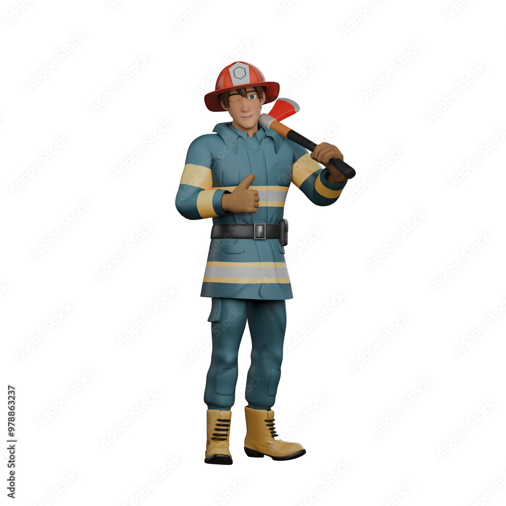 Male Firefighter 3D Model. A firefighter stands holding the fire extinguisher on his shoulder with his hand and giving a thumbs up sign with the other hand. Fire Department Environment Male Firefighter 3D Model. A firefighter stands holding the fire extinguisher on his shoulder with his hand and giving a thumbs up sign with the other hand. Fire Department Environment