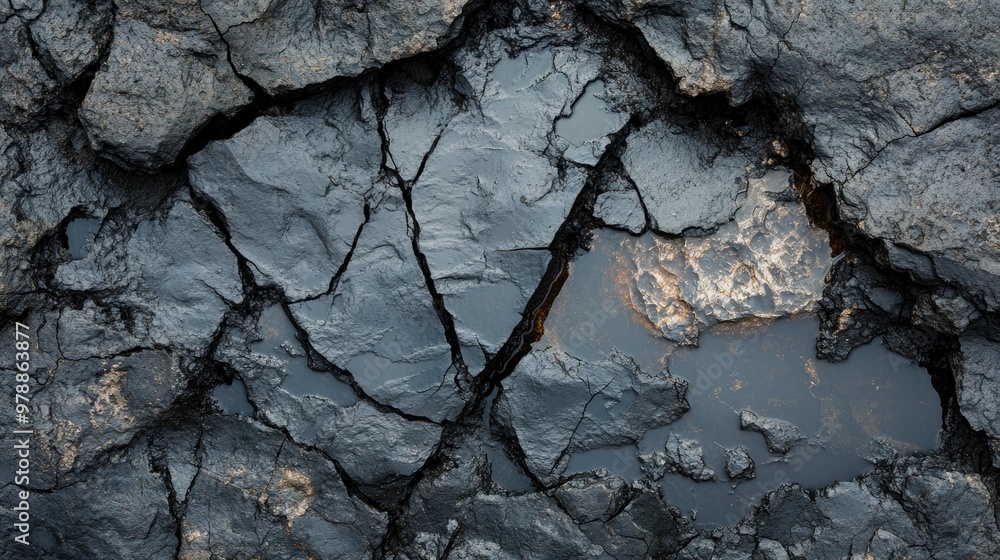 Cracked Black Rock Surface with Water Puddles Cracked Black Rock Surface with Water Puddles