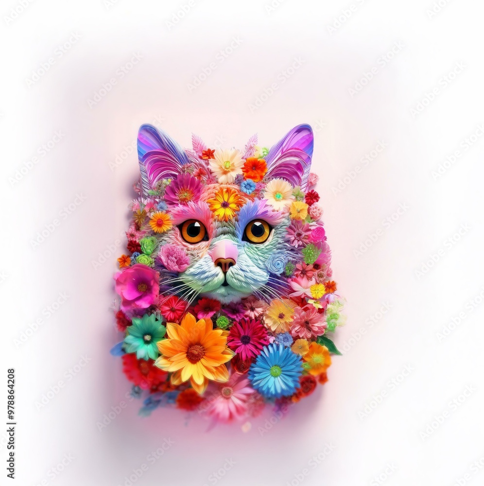 A cat's face made of flowers. The cat is looking at the viewer with orange eyes and a pink nose. A cat's face made of flowers. The cat is looking at the viewer with orange eyes and a pink nose.