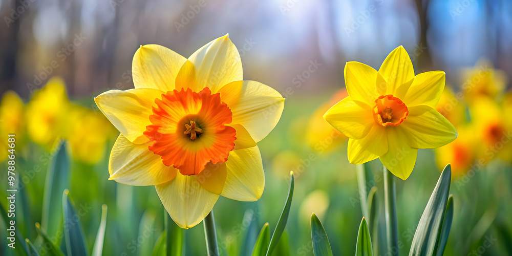 Fototapeta premium Two vibrant daffodils in full bloom beside a budding daffodil, spring, flowers, nature, daffodils, yellow, petals, bloom, garden