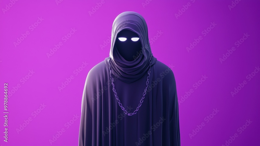 Mysterious figure in a dark cloak with glowing eyes, set against a vibrant purple background Mysterious figure in a dark cloak with glowing eyes, set against a vibrant purple background