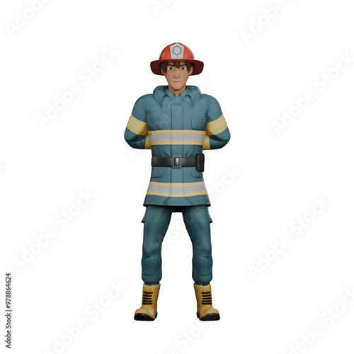 Illustration of a Professional Firefighter. A firefighter stands with both hands behind his back body, as if resting in place. 3D Male