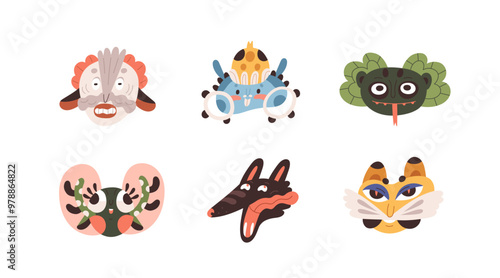 Abstract funny characters set. Comic alien face avatars, portraits. Cute crazy quirky fiction monsters, animals, creative ugly whimsical mascots. Flat vector illustration isolated on white background