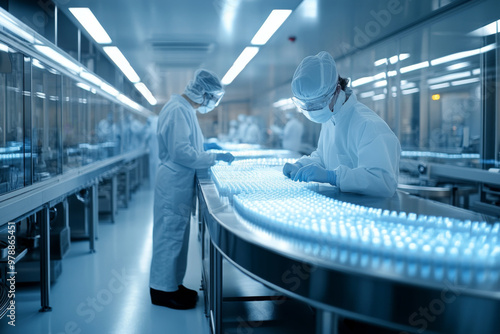 Workers in protective gear meticulously package pharmaceutical vials in a clean and sterile manufacturing facility, focusing on quality control and efficiency during operations.