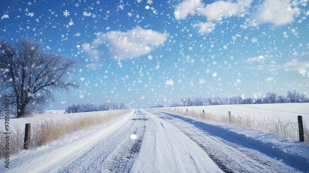 Gentle snowflakes fall on a quiet, snowy road under a crisp blue sky, capturing the peaceful beauty of a winter's day. Gentle snowflakes fall on a quiet, snowy road under a crisp blue sky, capturing the peaceful beauty of a winter's day.