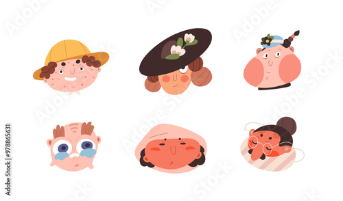 Comic funny faces set. Humor freak characters, ugly avatars. Freaky people, kids, whimsical head portraits. Quirky weird caricature emotions. Flat vector illustration isolated on white background