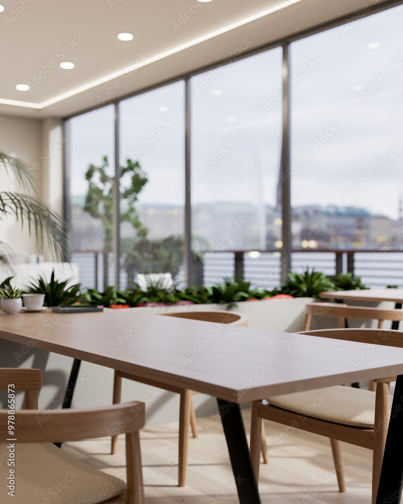 Obraz premium A modern restaurant in a skyscraper features minimal wooden tables, armchairs, and indoor plants.
