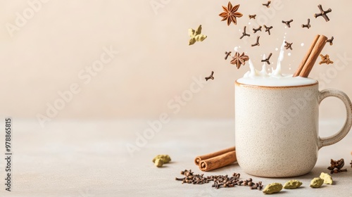 A cozy mug of frothy milk with spices, surrounded by aromatic ingredients, evoking warmth and comfort in a serene setting. photo