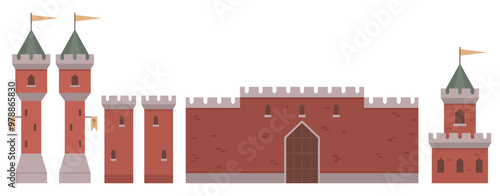 Brick castle with tall central entrance, four towers, with flags. Ideal for medieval themes, history illustrations, fantasy games, educational materials, or architectural studies. Simple flat style