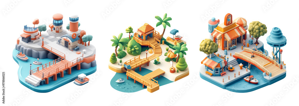 Obraz premium Trio of idyllic isometric island scenes with bridges and buildings