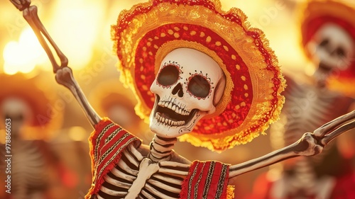 Vibrant skeleton celebrating in a colorful sombrero, Halloween decorations.