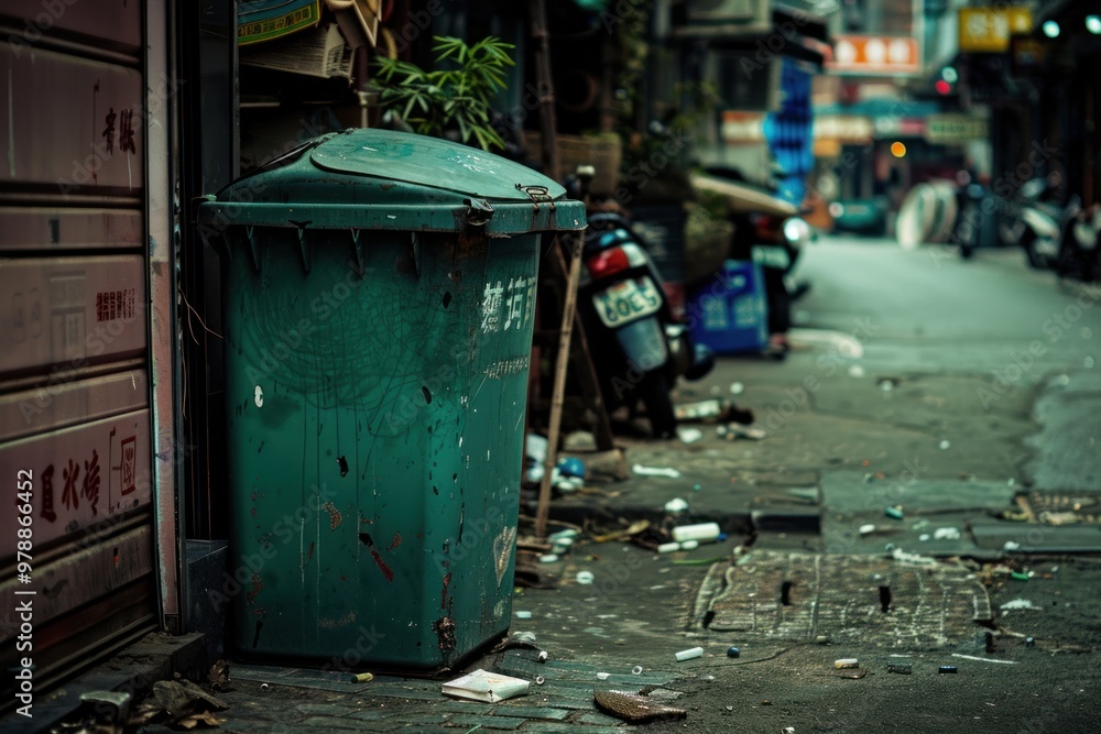 Old green trash bin on a dirty urban street surrounded by litter. City waste management and urban decay concept for design and print. Old green trash bin on a dirty urban street surrounded by litter. City waste management and urban decay concept for design and print.
