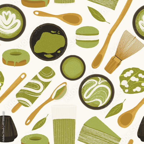 Matcha pattern. Seamless print of green matcha tea powder leaves and whisk, oriental traditional beverage and dessert. Vector texture.eps