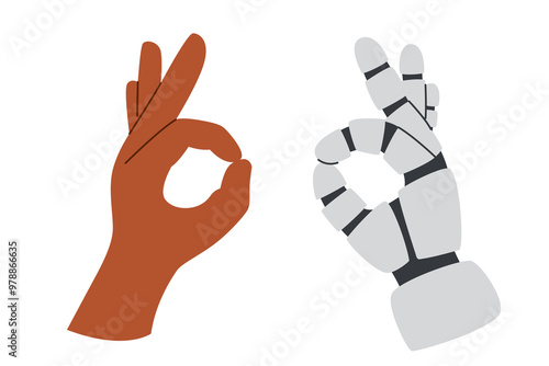 Technology concept. AI concept. Robots and human hands gestures showing OK isolated on white background. The concept of human-artificial intelligence interaction.