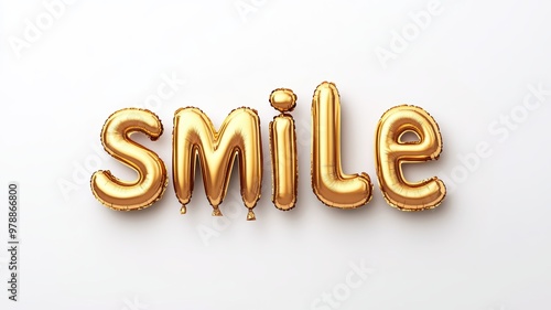 golden balloon letters forming the word 'smile' on a white background, perfect for cheerful and positive contexts.