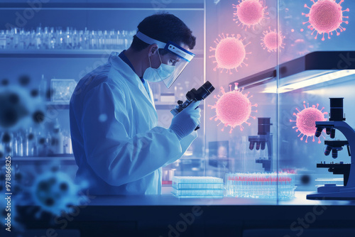 A virologist in protective gear carefully labels test tubes containing red samples while conducting research in a sterile environment focused on infectious diseases. photo