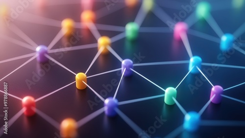 Colorful network nodes connected by lines, illustrating communication, collaboration, and digital connections in a modern design.