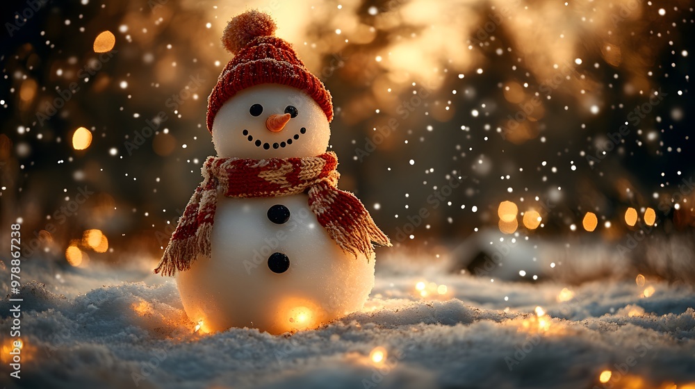 A joyful snowman with a scarf and hat, surrounded by twinkling warm lights, under a serene night sky, crisp snowflakes falling in a winter landscape. A joyful snowman with a scarf and hat, surrounded by twinkling warm lights, under a serene night sky, crisp snowflakes falling in a winter landscape.