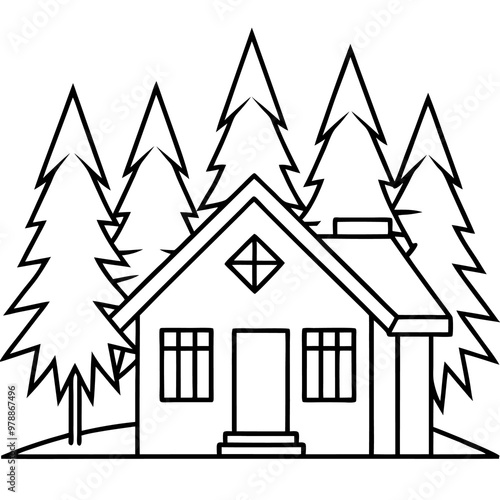 house in forest outline coloring book page line art drawing