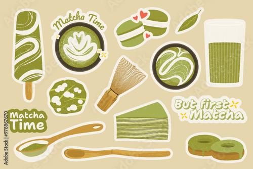 Matcha tea sticker. Cartoon green tea latte with powder and leaves, traditional japanese matcha drink with bamboo tools. Vector organic herbal beverage set.eps