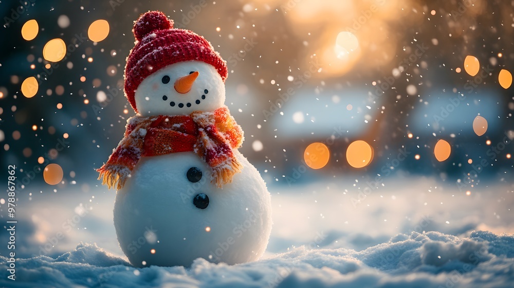 Snowman in a winter landscape, snow falling softly around him, warm lights from nearby houses glowing in the distance, peaceful and calm. Snowman in a winter landscape, snow falling softly around him, warm lights from nearby houses glowing in the distance, peaceful and calm.