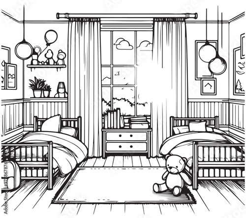 Graphical sketch of an interior children's room for twins, beds, double table, wardrobe, liner