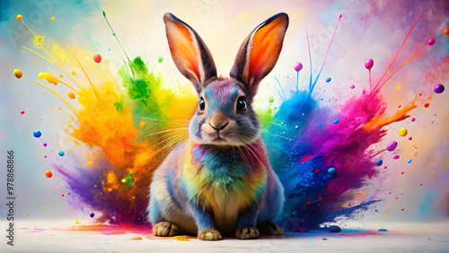 Colorful rabbit surrounded by vibrant paint splashes, rabbit, colorful,paint splashes, vibrant, artistic, playful, whimsical
