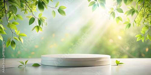 Empty podium on delicate background with leaves , display, goods, showcase, stand, presentation, elegant, nature, greenery
