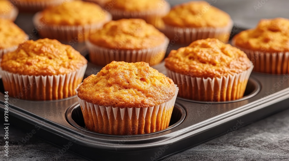 Carrot Muffins Arranged in a Neat Row on Baking Sheet Carrot Muffins Arranged in a Neat Row on Baking Sheet