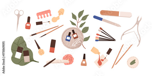 Manicure accessories set. Nail art and care tools. Professional beauty instruments, file, scissors, clipper, cuticle nipper, varnish gel. Flat vector illustrations isolated on white background