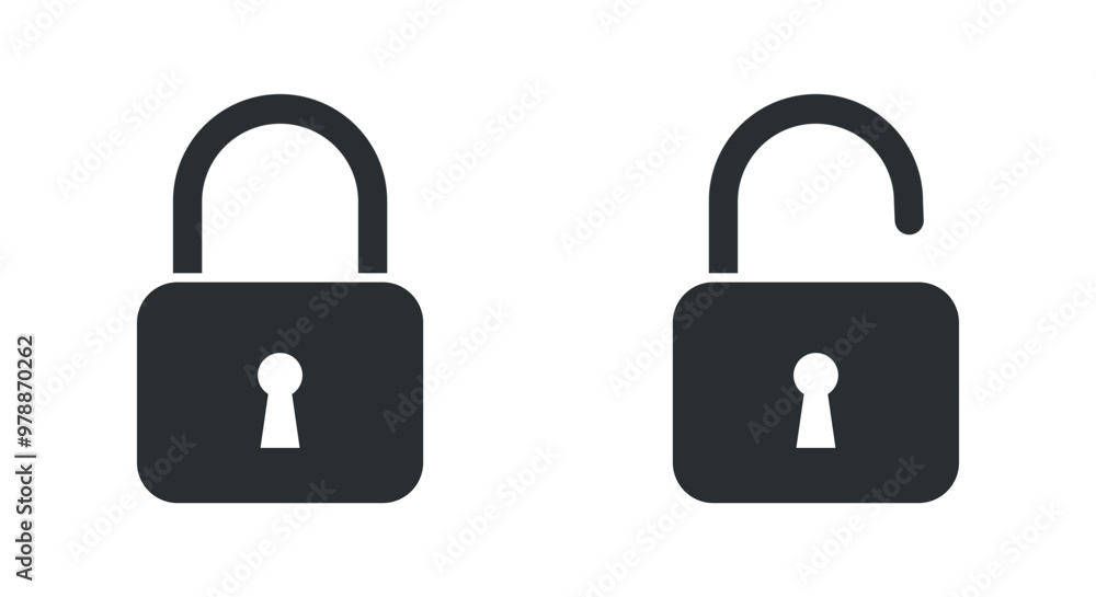 Lock and unlock icons: black, white, simple. Set of close and open locks Lock and unlock icons: black, white, simple. Set of close and open locks