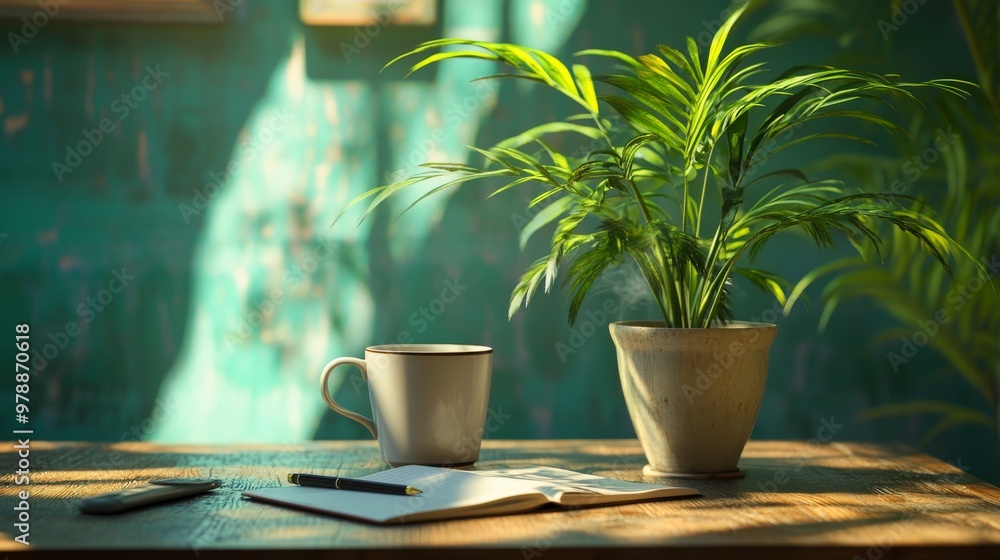 7. A tranquil scene featuring a coffee cup, a closed notebook with a pen, and a potted angel wings plant, beautifully illuminated by natural sunlight on a wooden table 7. A tranquil scene featuring a coffee cup, a closed notebook with a pen, and a potted angel wings plant, beautifully illuminated by natural sunlight on a wooden table
