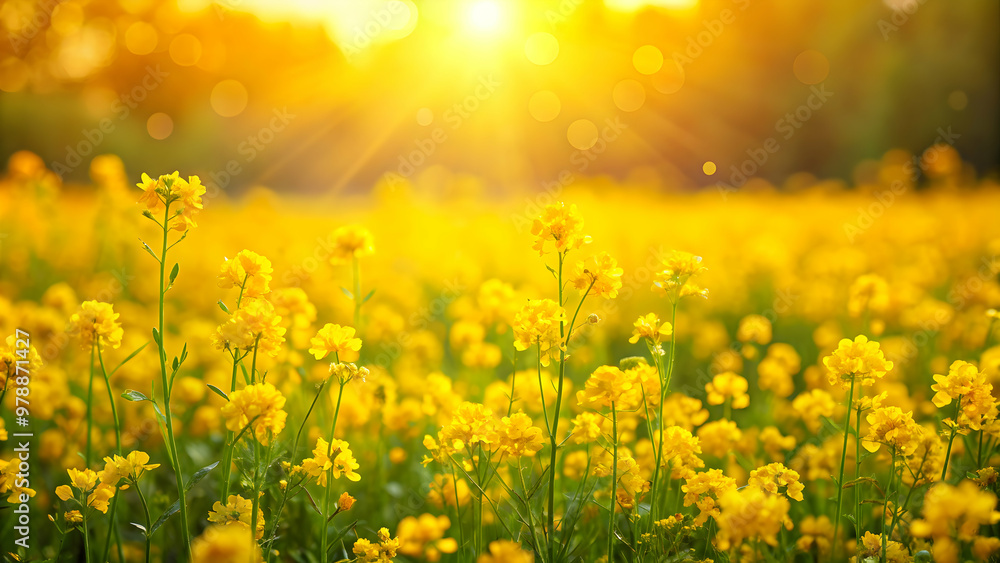 Obraz premium Beautiful yellow flowers field with sunshine bokeh background, yellow, flowers, field, sunshine, bokeh, background, nature