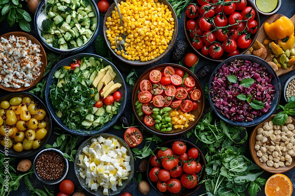 Fresh vegetables and herbs displayed on a dark surface Fresh vegetables and herbs displayed on a dark surface