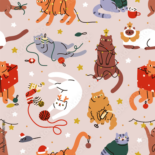 Seamless Christmas pattern with funny cats. Adorable cute felines with holiday decorations, endless fun background. Repeating print for wrapping, textile, fabric. Flat graphic vector illustration