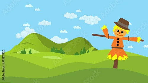animated scarecrow with summer blue sky and green landscape. illustration background