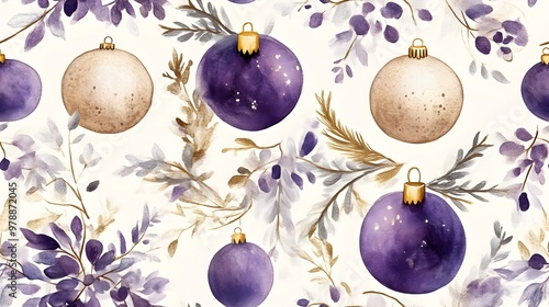 Exquisite Watercolor Christmas Ornament Pattern with Luxurious Gold and Deep Purple Hues