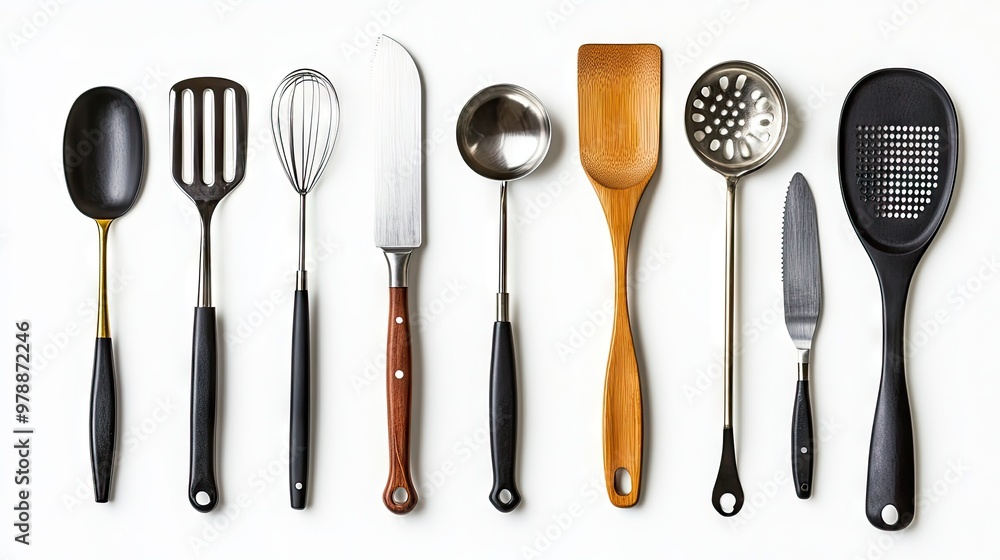 Set of various kitchen utensils including tongs, ladle, and spatula, displayed on a white background, isolated for cooking visuals Set of various kitchen utensils including tongs, ladle, and spatula, displayed on a white background, isolated for cooking visuals