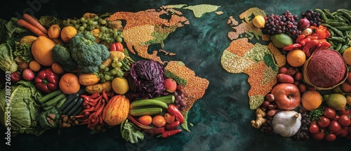 Highlight the significance of World Food Day with a vivid, real-life image of diverse, fresh foods from around the world, beautifully arranged to emphasize global unity in the fight against hunger 
