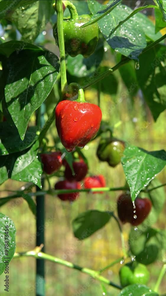 Fresh organic vegetables, vegan food, watering red round peppers in the home garden on sunny day, vertical video, slow motion. Fresh organic vegetables, vegan food, watering red round peppers in the home garden on sunny day, vertical video, slow motion.