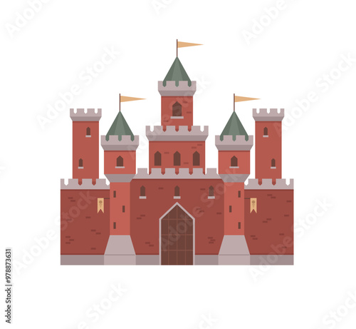 Large red-brick fortress with tall green-roofed towers and flags against a white background. Ideal for history education, fantasy themes, medieval storybooks, architectural design, and role-playing