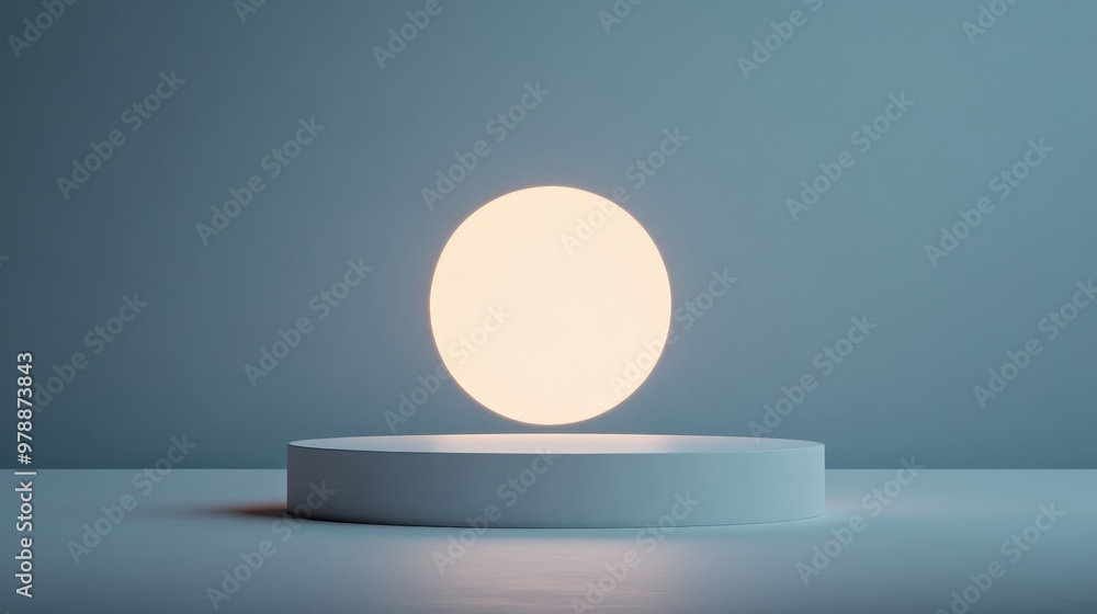 A glowing white orb rests on a sleek, circular pedestal against a soft blue backdrop, creating a serene minimalist aesthetic. A glowing white orb rests on a sleek, circular pedestal against a soft blue backdrop, creating a serene minimalist aesthetic.